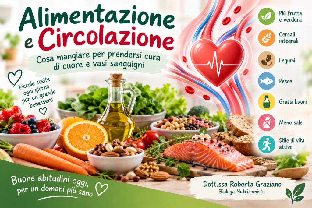 Alimentazione e circolazione con alimenti utili per una dieta favorevole alla salute cardiovascolare