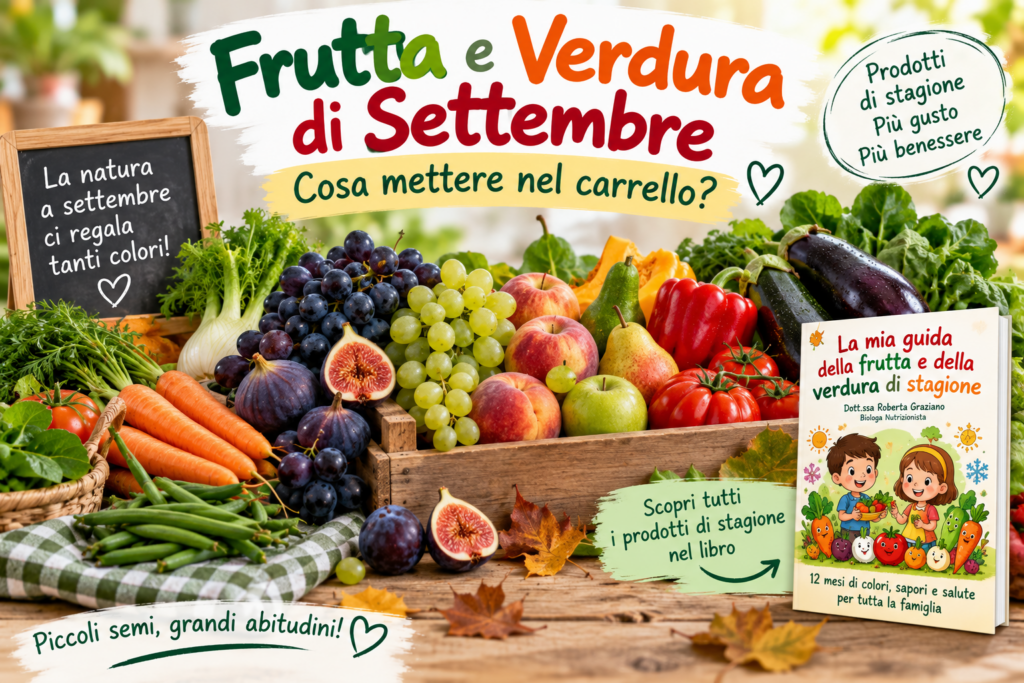 Frutta e verdura di settembre con uva, fichi, mele, pere, carote, peperoni e altri prodotti di stagione