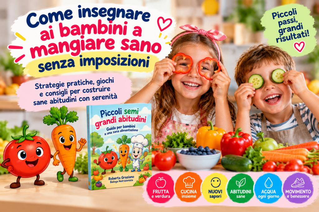 Bambini che scoprono frutta e verdura per imparare a mangiare sano senza imposizioni