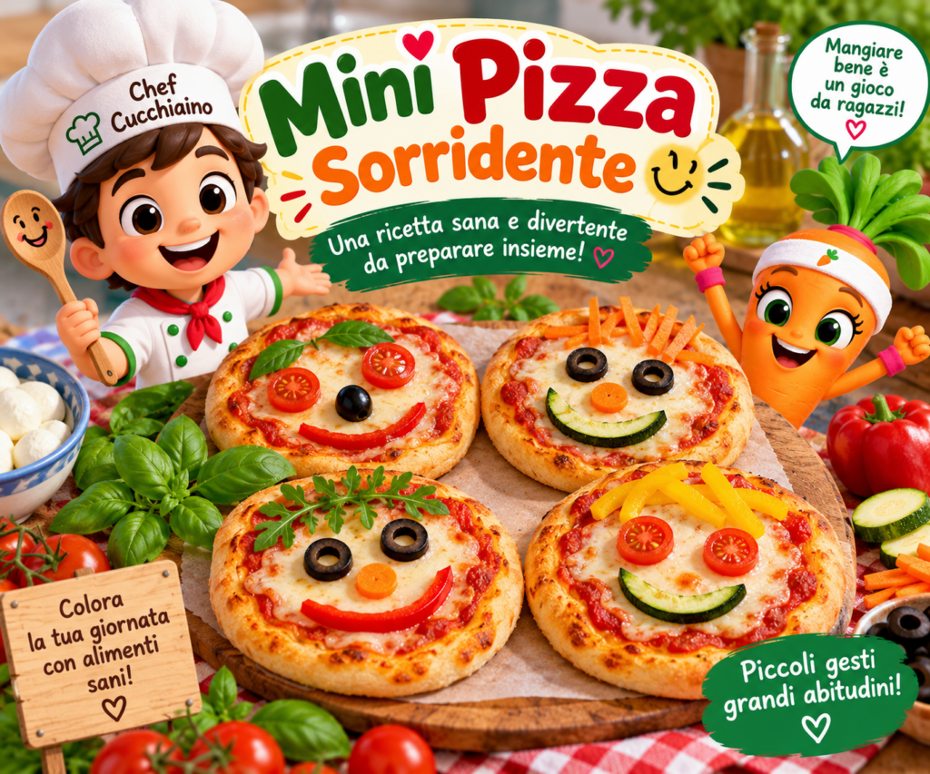 Mini Pizza Sorridente per bambini decorata con verdure colorate