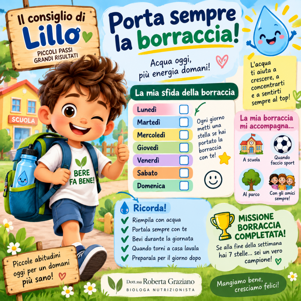 Sfida della borraccia di Lillo per insegnare ai bambini a bere acqua durante la giornata
