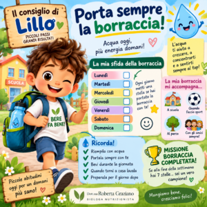 Sfida della borraccia di Lillo per insegnare ai bambini a bere acqua durante la giornata