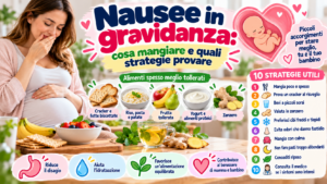 Donna in gravidanza con nausea e alimenti spesso ben tollerati, come cracker, riso, frutta, yogurt e zenzero.