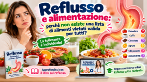 Reflusso e alimentazione: alimenti comunemente associati ai sintomi, illustrazione dello stomaco e riferimenti al libro e al corso Reflusso sotto controllo.