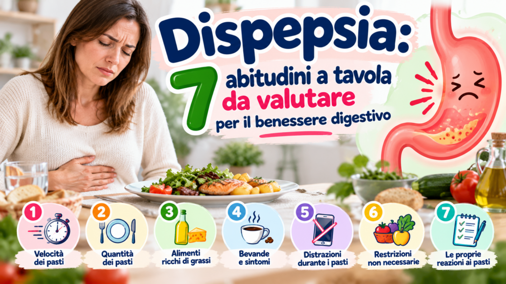 Dispepsia: 7 abitudini a tavola da valutare per migliorare il benessere digestivo Dispepsia e alimentazione: 7 abitudini a tavola da valutare per il benessere digestivo.