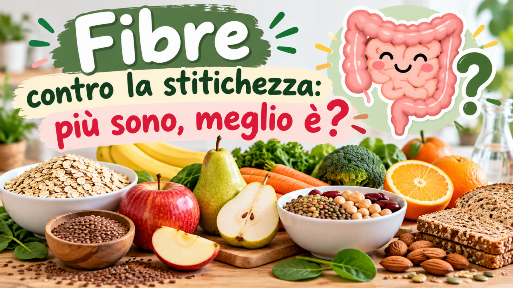 Alimenti ricchi di fibre contro la stitichezza, tra cui avena, mele, pere, legumi, verdure e pane integrale.
