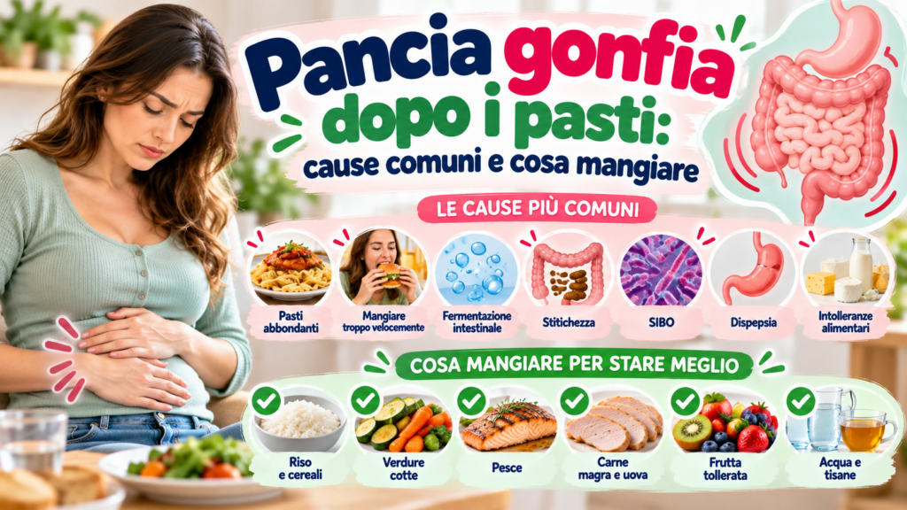 Pancia gonfia dopo i pasti: donna con gonfiore addominale e illustrazione dell'intestino.