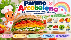 Panino Arcobaleno con pane integrale, ricotta e verdure colorate, accompagnato da Nina la Carotina.