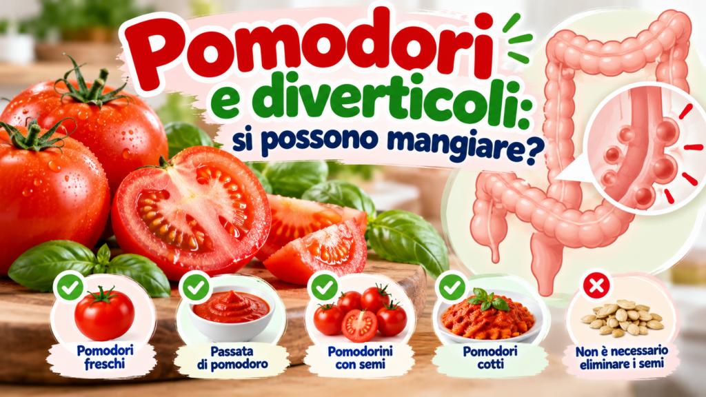 Pomodori e diverticoli: si possono mangiare? Cosa dice la scienza Pomodori e diverticoli: pomodori freschi con semi e illustrazione del colon per spiegare se si possono mangiare con la diverticolosi.